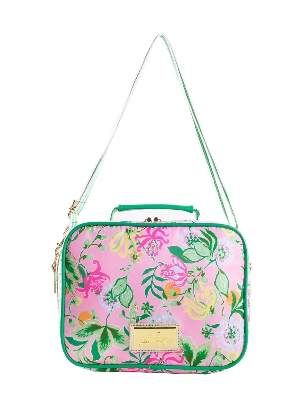 New Lilly Pulitzer Pink Floral Crossbody Bag Lunch Box with Green Striped Strap